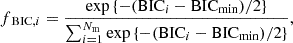 $$ \begin{aligned} f_{\text{ BIC},i} = \frac{\exp { \{ - (\mathrm{BIC}_{i} - \mathrm{BIC}_{\rm min})/2 \} }}{\sum _{i = 1}^{N_{\rm m}} \exp {\{-(\mathrm{BIC}_{i} - \mathrm{BIC}_{\rm min})/2\}}}, \end{aligned} $$