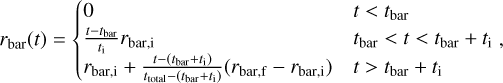 $\[r_{\mathrm{bar}}(t)= \begin{cases}0 & t<t_{\mathrm{bar}} \\ \frac{t-t_{\mathrm{bar}}}{t_{\mathrm{i}}} r_{\mathrm{bar}, \mathrm{i}} & t_{\mathrm{bar}}<t<t_{\mathrm{bar}}+t_{\mathrm{i}}~, \\ r_{\mathrm{bar}, \mathrm{i}}+\frac{t-\left(t_{\mathrm{bar}}+t_{\mathrm{i}}\right)}{t_{\mathrm{total}}-\left(t_{\mathrm{bar}}+t_{\mathrm{i}}\right)}\left(r_{\mathrm{bar}, \mathrm{f}}-r_{\mathrm{bar}, \mathrm{i}}\right) & t>t_{\mathrm{bar}}+t_{\mathrm{i}}\end{cases}\]$