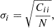 $$ \begin{aligned} \sigma _i = \sqrt{\frac{C_{ii}}{N}} , \end{aligned} $$