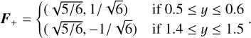 $\boldsymbol{F}_{+}=\left\{\begin{array}{ll}(\sqrt{5 / 6}, 1 / \sqrt{6}) & \text {if}\ 0.5 \leq y \leq 0.6 \\ (\sqrt{5 / 6},-1 / \sqrt{6}) & \text {if}\ 1.4 \leq y \leq 1.5\end{array}\right..$
