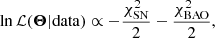 $$ \begin{aligned} \ln {\mathcal{L} (\boldsymbol{\Theta }| \mathrm{data})} \propto -\frac{\chi ^{2}_{\rm SN}}{2}-\frac{\chi ^{2}_{\rm BAO}}{2}, \end{aligned} $$