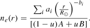 $$ \begin{aligned} n_e(r) = \frac{\sum _i a_i \left(\frac{r}{R_{\odot }}\right)^{-b_i}}{[(1-u)A + uB]}. \end{aligned} $$
