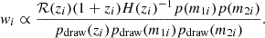 $$ \begin{aligned} w_i \propto \frac{\mathcal{R} (z_i) (1+z_i) H(z_i)^{-1} p(m_{1i}) p(m_{2i})}{p_{\mathrm{draw} }(z_i) p_{\mathrm{draw} }(m_{1i}) p_{\mathrm{draw} }(m_{2i})}. \end{aligned} $$