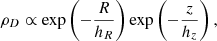 $$ \begin{aligned} \rho _D \propto \mathrm{exp} \left( -\frac{R}{h_R}\right)\mathrm{exp} \left(-\frac{z}{h_z}\right), \end{aligned} $$