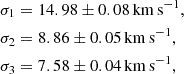 $$ \begin{aligned} \begin{aligned} \sigma _1&= 14.98 \pm 0.08 \,\mathrm {km\, s}^{-1} , \\ \sigma _2&= 8.86 \pm 0.05 \,\mathrm {km\, s}^{-1} , \\ \sigma _3&= 7.58 \pm 0.04 \,\mathrm {km\, s}^{-1} , \end{aligned} \end{aligned} $$