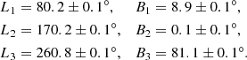 $$ \begin{aligned} \begin{aligned} L_1&= 80.2 \pm 0.1^\circ ,&B_1&= 8.9 \pm 0.1^\circ , \\ L_2&= 170.2 \pm 0.1^\circ ,&B_2&= 0.1 \pm 0.1^\circ , \\ L_3&= 260.8 \pm 0.1^\circ ,&B_3&= 81.1 \pm 0.1^\circ . \end{aligned} \end{aligned} $$