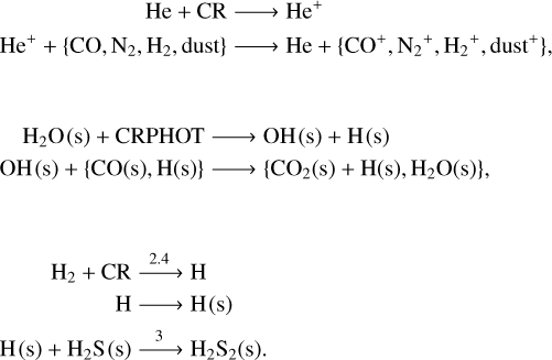 \ce{He + CR &-> He+} \\ \ce{He+ + \{CO,N2,H2,dust\} &-> He + \{CO+,N2+,H2+,dust+\}} ,