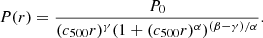 $$ \begin{aligned} P(r) = \frac{P_0}{(c_{500}r)^{\gamma } (1+(c_{500}r)^\alpha )^{(\beta -\gamma )/\alpha }}. \end{aligned} $$