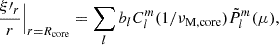 $$ \begin{aligned} \frac{\xi \prime _{r}}{r}\Big |_{r=R_{\rm core}} = \sum _{l}b_{l}C_{l}^{m}(1/\nu _{\rm M, core})\tilde{P}_{l}^{m}(\mu ), \end{aligned} $$