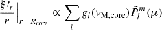 $$ \begin{aligned} \frac{\xi \prime _{r}}{r}\Big |_{r=R_{\rm core}} \propto \sum _{l}g_{l}(\nu _{\rm M, core})\tilde{P}_{l}^{m}(\mu ) \end{aligned} $$