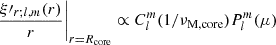 $$ \begin{aligned} \frac{\xi \prime _{r;l,m}(r)}{r}\Bigg |_{r=R_{\rm core}} \propto C_{l}^{m}(1/\nu _{\rm M, core})P_{l}^{m}(\mu ) \end{aligned} $$