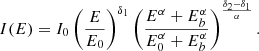 $$ \begin{aligned} I(E) = I_0 \left( \frac{E}{E_0}\right)^{\delta _1} \left( \frac{E^\alpha +E^\alpha _b}{E^\alpha _0+E^\alpha _b}\right)^\frac{\delta _2-\delta _1}{\alpha }. \end{aligned} $$