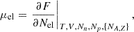 $$ \begin{aligned} \mu _{\mathrm{el} }=\left. \frac{\partial F}{\partial N_{\mathrm{el} }} \right|_{T,V,N_n, N_p, \{N_{A,Z}\}}, \end{aligned} $$