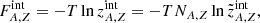 $$ \begin{aligned} F_{A,Z}^{\mathrm{int} }=-T \ln z_{A,Z}^{\mathrm{int} }=-T N_{A,Z} \ln \tilde{z}_{A,Z}^{\mathrm{int} }, \end{aligned} $$