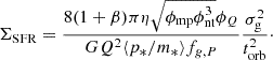 $$ \begin{aligned} \Sigma _{\rm SFR} = \frac{8(1+\beta )\pi \eta \sqrt{\phi _{\rm mp}{\phi _{\rm nt}^3}}\phi _{Q}}{GQ^2\langle p_*/m_*\rangle f_{g,P}}\frac{\sigma _{\rm g}^2}{t_{\rm orb}^2}\cdot \end{aligned} $$