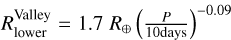 $\[R_{\text {lower }}^{\text {Valley }}=1.7 ~R_{\oplus}\left(\frac{P}{10 \text {days}}\right)^{-0.09}\]$