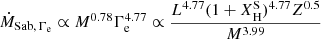 $$ \begin{aligned}&\dot{M}_{\mathrm{Sab},\,\Gamma _{\rm e}} \propto M^{0.78}\Gamma _{\rm e}^{4.77} \propto \frac{L^{4.77} (1+X_{\rm H}^\mathrm{S})^{4.77}Z^{0.5}}{M^{3.99}} \end{aligned} $$