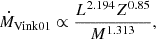 $$ \begin{aligned} \dot{M}_{\mathrm{Vink01} } \propto \frac{L^{2.194} Z^{0.85}}{M^{1.313}}, \end{aligned} $$