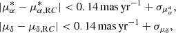 $$ \begin{aligned}&|\mu _{\alpha }^{*} - \mu _{\alpha , \mathrm RC}^{*}| < 0.14\,\mathrm{mas\,yr^{-1}} + \sigma _{\mu _{\alpha }^{*}}, \\&|\mu _{\delta } - \mu _{\delta , \mathrm RC}| < 0.14\,\mathrm{mas\,yr^{-1}} + \sigma _{\mu _{\delta }}, \end{aligned} $$