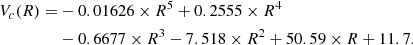 $$ \begin{aligned} V_c(R) =&-0.01626\times R^{5}+0.2555\times R^{4} \\&-0.6677\times R^{3}-7.518\times R^{2}+50.59\times R+11.7. \end{aligned} $$