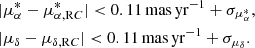 $$ \begin{aligned}&|\mu _{\alpha }^{*} - \mu _{\alpha , \mathrm RC}^{*}| < 0.11\,\mathrm{mas\,yr^{-1}} + \sigma _{\mu _{\alpha }^{*}},\\&|\mu _{\delta } - \mu _{\delta , \mathrm RC}| < 0.11\,\mathrm{mas\,yr^{-1}} + \sigma _{\mu _{\delta }}. \end{aligned} $$