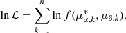 $$ \begin{aligned} \ln \mathcal{L} = \sum _{k=1}^{n} \ln f(\mu _{\alpha ,k}^{*}, \mu _{\delta ,k}). \end{aligned} $$
