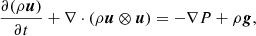 $$ \begin{aligned} \frac{\partial (\rho \boldsymbol{u})}{\partial t} + \nabla \cdot (\rho \boldsymbol{u} \otimes \boldsymbol{u})&= -\nabla P + \rho \boldsymbol{g}, \end{aligned} $$