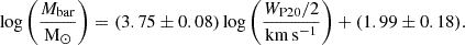 $$ \begin{aligned} \log \left(\frac{M_{\mathrm{bar}}}{\mathrm{M}_{\odot }}\right) = (3.75\pm 0.08)\log \left(\frac{W_{\mathrm{P20}}/2}{\mathrm{km}\,\mathrm{s}^{-1}}\right)+(1.99\pm 0.18). \end{aligned} $$