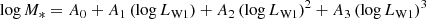 $$ \begin{aligned} \log {M_*} = A_0 + A_1\left(\log {L_{\mathrm{W1}}}\right) + A_2\left(\log {L_{\mathrm{W1}}}\right)^{2} + A_3\left(\log {L_{\mathrm{W1}}}\right)^{3} \end{aligned} $$