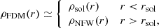 $$ \begin{aligned} \rho _{\rm FDM}(r) \simeq {\left\{ \begin{array}{ll} \rho _{\rm sol}(r)&r < r_{\rm sol} \\ \rho _{\rm NFW}(r)&r > r_{\rm sol}, \end{array}\right.} \end{aligned} $$