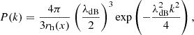 $$ \begin{aligned} P(k)=\frac{4\pi }{3r_{\rm h}(x)}\left(\frac{\lambda _{\rm dB}}{2}\right)^3\exp \left(-\frac{\lambda _{\rm dB}^2k^2}{4}\right), \end{aligned} $$