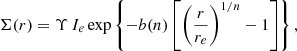 $$ \begin{aligned} \Sigma (r) = \Upsilon \, I_e \exp \left\{ -b(n) \left[ \left( \frac{r}{r_e} \right)^{1/n} - 1 \right] \right\} , \end{aligned} $$