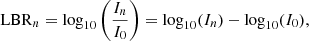 $$ \begin{aligned} \mathrm{LBR}_n = \log _{10}\left(\frac{I_n}{I_0}\right) = \log _{10}(I_n)-\log _{10}(I_0), \end{aligned} $$