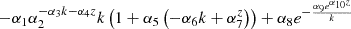 $ - \alpha_{1} \alpha_{2}^{- \alpha_{3} k - \alpha_{4} z} k \left(1 + \alpha_{5} \left(- \alpha_{6} k + \alpha_{7}^{z}\right)\right) + \alpha_{8} e^{- \frac{\alpha_{9} e^{\alpha_{10} z}}{k}} $