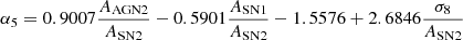 $ \alpha_{5} = 0.9007 \frac{A_{\mathrm{AGN2}}}{A_{\mathrm{SN2}}} - 0.5901 \frac{A_{\mathrm{SN1}}}{A_{\mathrm{SN2}}} - 1.5576 + 2.6846 \frac{\sigma_8}{A_{\mathrm{SN2}}} $