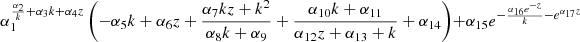 $ \alpha_{1}^{\frac{\alpha_{2}}{k} + \alpha_{3} k + \alpha_{4} z} \left(- \alpha_{5} k + \alpha_{6} z + \frac{\alpha_{7} k z + k^{2}}{\alpha_{8} k + \alpha_{9}} + \frac{\alpha_{10} k + \alpha_{11}}{\alpha_{12} z + \alpha_{13} + k} + \alpha_{14}\right) + \alpha_{15} e^{- \frac{\alpha_{16} e^{- z}}{k} - e^{\alpha_{17} z}} $