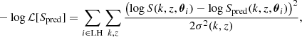 $$ \begin{aligned} - \log \mathcal{L} [S_{\rm pred} ] = \sum _{i \in \mathrm{LH}} \sum _{k,z} \frac{\left( \log S(k, z, \boldsymbol{\theta }_i) - \log S_{\rm pred}(k, z, \boldsymbol{\theta }_i)\right)^2}{2 \sigma ^2 (k,z)}, \end{aligned} $$