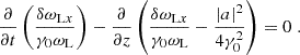 $$ \begin{aligned} \frac{\partial }{\partial t}\left(\frac{\delta \omega _{\mathrm{L}x}}{\gamma _0\omega _{\rm L}}\right) - \frac{\partial }{\partial z} \left( \frac{\delta \omega _{\mathrm{L}x}}{\gamma _0\omega _{\rm L}} - \frac{\left|a\right|^2}{4\gamma _0^2} \right) = 0 \;. \end{aligned} $$