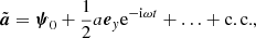 $$ \begin{aligned} \tilde{\boldsymbol{a}} = {\boldsymbol{\psi }}_0 + \frac{1}{2}a {\boldsymbol{e}}_y\mathrm{e}^{-\mathrm{i}\omega t}+\ldots +\mathrm{c.c.}, \end{aligned} $$