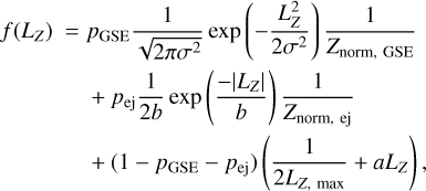 \begin{aligned} f(L_Z)\ =\; & p_{\rm GSE}\frac{1}{\sqrt{2\pi\sigma^2}}\exp\left(-\frac{L_Z^2}{2\sigma^2}\right)\frac{1}{Z_{\rm norm,\ GSE}}\\ & + p_{\rm ej}\frac{1}{2b}\exp\left(\frac{-|L_Z|}{b}\right)\frac{1}{Z_{\rm norm,\ ej}}\\ & + (1-p_{\rm GSE}-p_{\rm ej})\left(\frac{1}{2L_{Z,\ \rm{max}}}+aL_Z\right), \end{aligned}