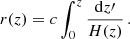 $$ \begin{aligned} r(z) = c \int _0^z \frac{\mathrm{d}z\prime }{H(z)} \,. \end{aligned} $$