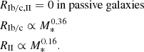 $$ \begin{aligned}&R_{\mathrm{Ib/c, II} } = 0 \text{ in} \text{ passive} \text{ galaxies}\\&R_{\mathrm{Ib/c} } \propto M_*^{0.36} \\&R_{\mathrm{II} } \propto M_*^{0.16}. \end{aligned} $$