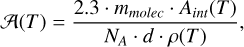 \mathcal{A} (T) = \frac{2.3 \cdot m_{molec} \cdot A_{int}(T)}{N_A \cdot d \cdot \rho(T)}