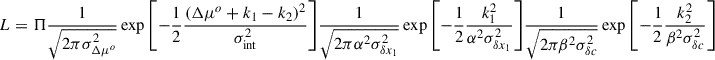 $$ \begin{aligned} L&= \Pi \frac{1}{\sqrt{2\pi \sigma ^2_{\Delta \mu ^o}}}\exp {\left[-\frac{1}{2}\frac{(\Delta \mu ^o + k_1 - k_2)^2}{\sigma _{\rm int}^2}\right]}\frac{1}{\sqrt{2\pi \alpha ^2\sigma _{\delta x_1}^2}} \exp {\left[-\frac{1}{2} \frac{k_1^2}{\alpha ^2\sigma _{\delta x_1}^2}\right]}\frac{1}{\sqrt{2\pi \beta ^2\sigma _{\delta c}^2}}\exp {\left[-\frac{1}{2}\frac{k_2^2}{\beta ^2\sigma _{\delta c}^2}\right]} \end{aligned} $$