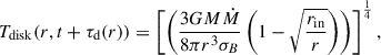 $$ \begin{aligned}&T_{\rm disk}(r,t +\tau _{\rm d}(r)) = \left[\left(\frac{3GM\dot{M}}{8 \pi r^3 \sigma _B}\left(1-\sqrt{\frac{r_{\rm in}}{r}}\right)\right)\right]^{\frac{1}{4}}, \end{aligned} $$