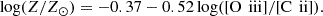 $$ \begin{aligned} \log (Z/Z_{\odot }) = -0.37 - 0.52\log ([\mathrm{O}\,\text{ iii}]/[\mathrm{C}\,\text{ ii}]). \end{aligned} $$