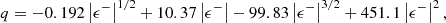 $$ \begin{aligned} q = -0.192 \left| \epsilon ^{-} \right|^{1/2} + 10.37 \left| \epsilon ^{-} \right| - 99.83 \left| \epsilon ^{-} \right|^{3/2} + 451.1 \left| \epsilon ^{-} \right|^2, \end{aligned} $$