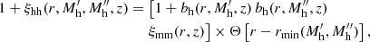 $$ \begin{aligned} 1 + \xi _{\rm hh}(r, M_{\rm h}^{\prime }, M_{\rm h}^{\prime \prime }, z) = \;&\bigr [ 1 + b_{\rm h}(r, M_{\rm h}^{\prime }, z) \, b_{\rm h}(r, M_{\rm h}^{\prime \prime }, z) \\&\xi _{\rm mm}(r, z) \bigr ] \times \Theta \left[ r - r_{\rm min}(M_{\rm h}^{\prime }, M_{\rm h}^{\prime \prime }) \right] \nonumber , \end{aligned} $$