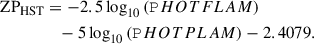 $$ \begin{aligned} \mathrm{ZP}_{\rm HST}&=-2.5\,\mathrm{log}_{10}\left(\mathtt PHOTFLAM \right) \nonumber \\&\quad - 5 \,\mathrm{log}_{10}\left(\mathtt PHOTPLAM \right) - 2.4079. \end{aligned} $$