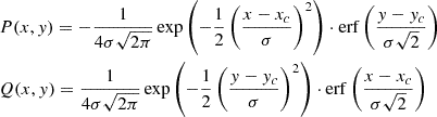 $$ \begin{aligned}&P(x,y) = -\frac{1}{4 \sigma \sqrt{2 \pi }} \exp \left(-\frac{1}{2} \left(\frac{x - x_c}{\sigma } \right)^2\right) \cdot \mathrm{erf}\left(\frac{y - y_c}{\sigma \sqrt{2}}\right)\\&Q(x,y) = \frac{1}{4 \sigma \sqrt{2 \pi }} \exp \left(-\frac{1}{2} \left(\frac{y - y_c}{\sigma }\right)^2\right) \cdot \mathrm{erf} \left(\frac{x - x_c}{\sigma \sqrt{2}}\right) \end{aligned} $$